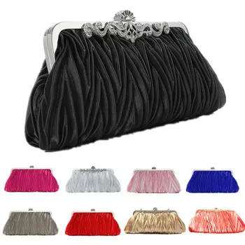 

Women Lady Satin Crystal Draped Ruched Formal Elegant Handbag Frame Clutch Minaudiere For Party Wedding Evening Club