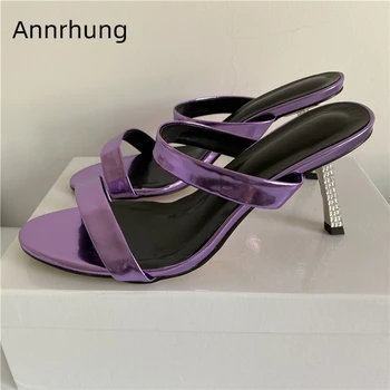 

Sexy Summer 2020 Narrow Band Runway Shoes Woman Jeweled Diamond Thin Heel Slip-on Mules Rhinestone Slippers Women