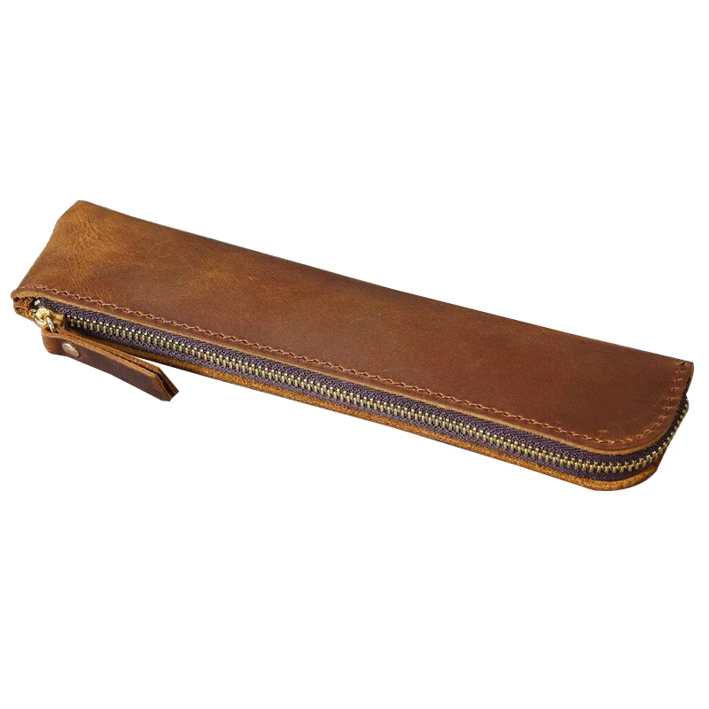 Genuine Cowhide Zipper Pencil Case Retro Leather Pen Bag Storage Pouch for Pens Stationery School Office Supplies 20*4.5cm