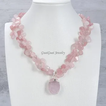 

GG Jewelry 18" 2 Strands Natural Pink Rose Quartz Gems Stone Necklace Rose Crystal Pendant