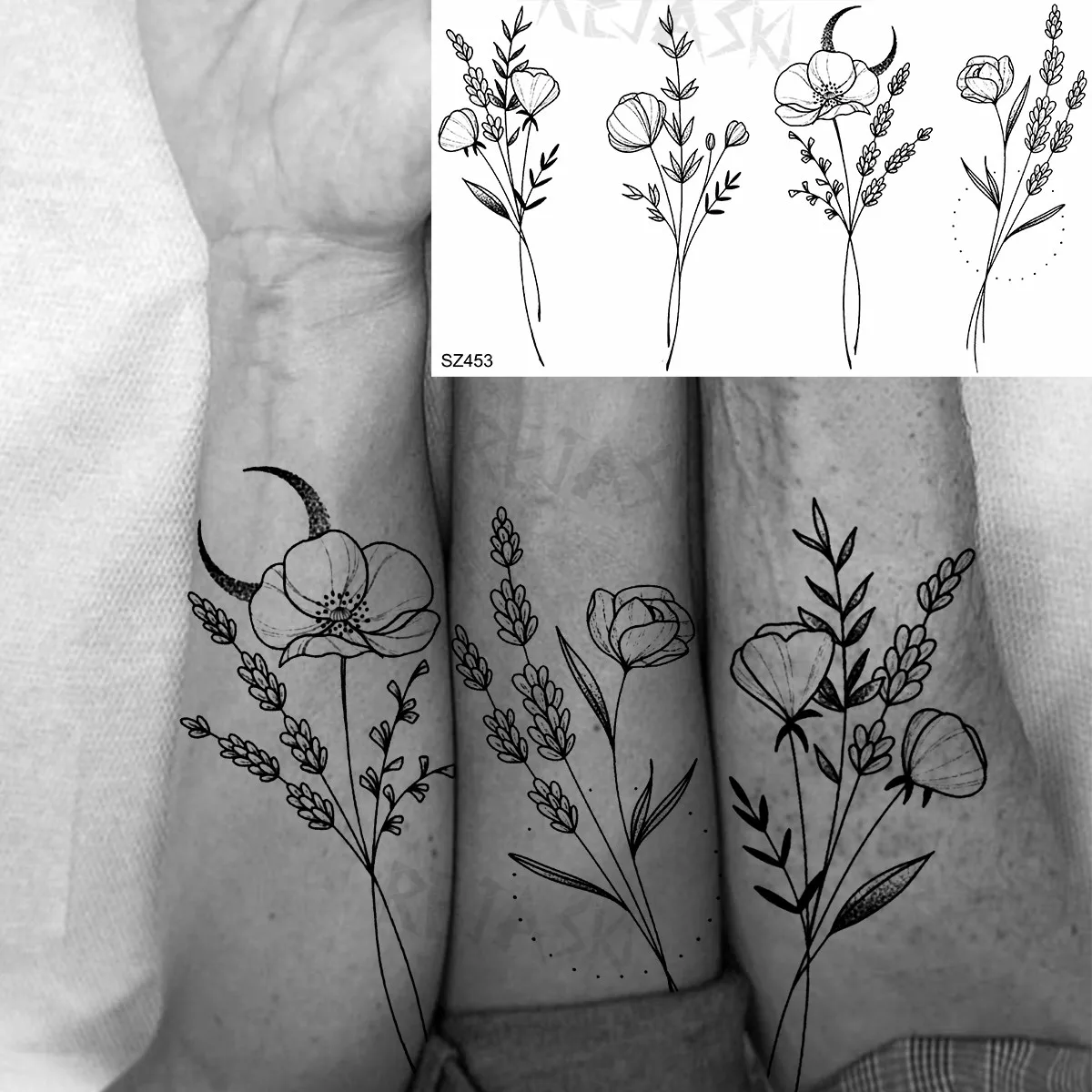 Tatouage Aquarelle Noir Et Blanc Faux Tatouage Temporaire Pour Femmes, Aquarelle, Lavande, Pois, Pour  Adultes, Tulipe, Réaliste, Imperméable, Art Corporel - Temporaire Tatouages  - AliExpress