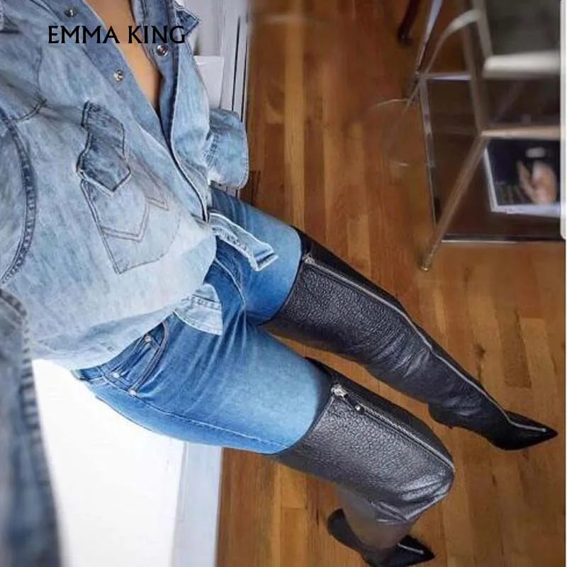Новые модные сапоги выше колена черные сапоги до бедра из искусственной кожи женские туфли на высоком каблуке-шпильке с молнией спереди Большие размеры