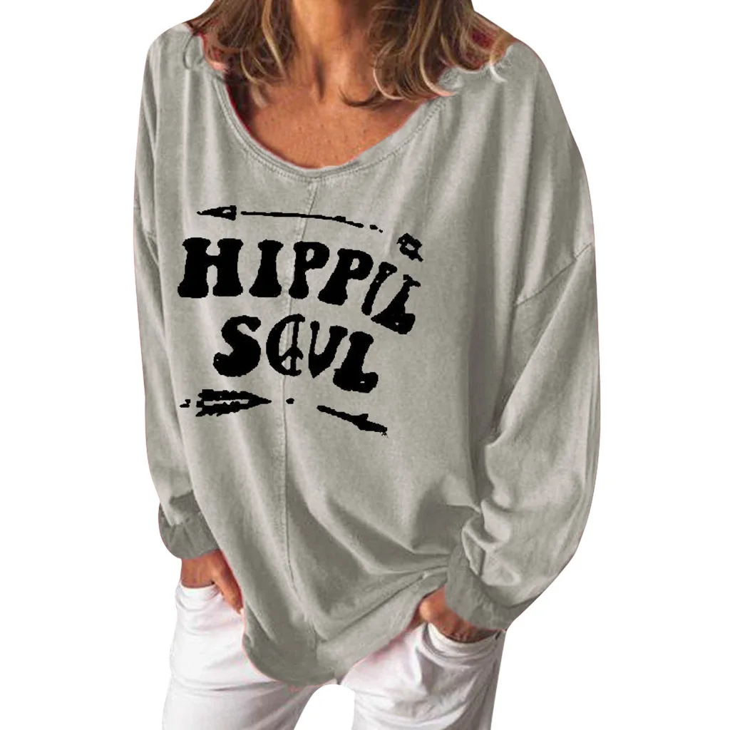 

2019 Autumn Gray Letter Print Round Neck Long Sleeve Women Sweatshirt Fashion Loose High Quality Pullover Women tops
