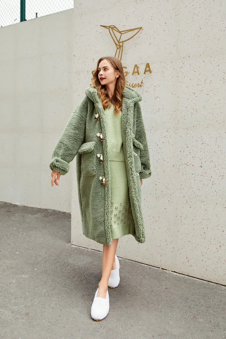 woolrich parka Women's autumn coat female solid X-Long Fashion Thick Warm Fur Horn Button Hooded Casual lamb fur faux fur coat XK2-105 duvet coats