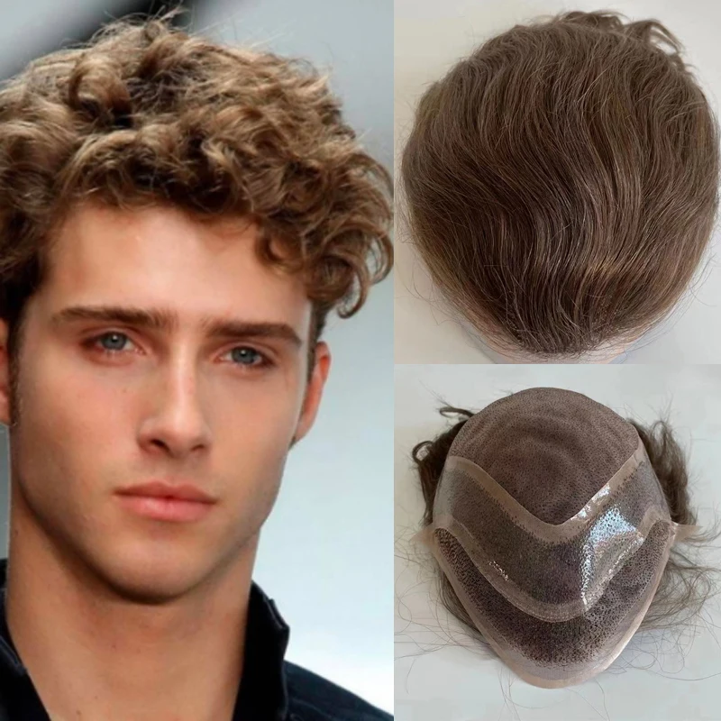 6 Medium Brown Mono Base Men Wigs Hair Replacement System PU Around