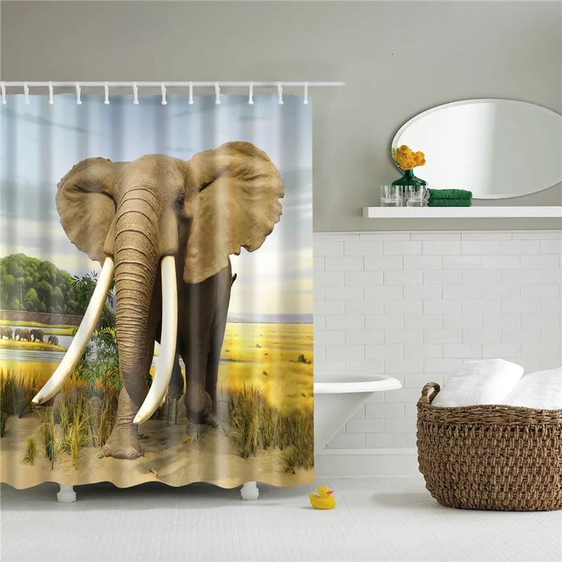 Animals Elephant Shower Curtains Pattern Bathroom Curtain Set Nordic Polyester Bath Screens Waterproof With Hooks