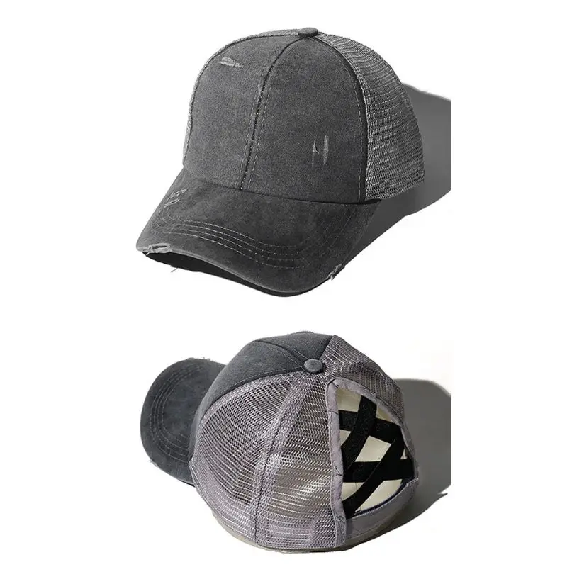 

Women Distressed Washed Mesh Baseball Cap Leopard Camo Ponytail Band Trucker Hat