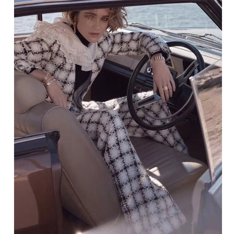 

Cosmicchic 2019 Luxury Tweed Wool Suit Plaid V Neck Short Jacket High Waist Wide-legged Long Pants Elegant Office 2 Piece Set