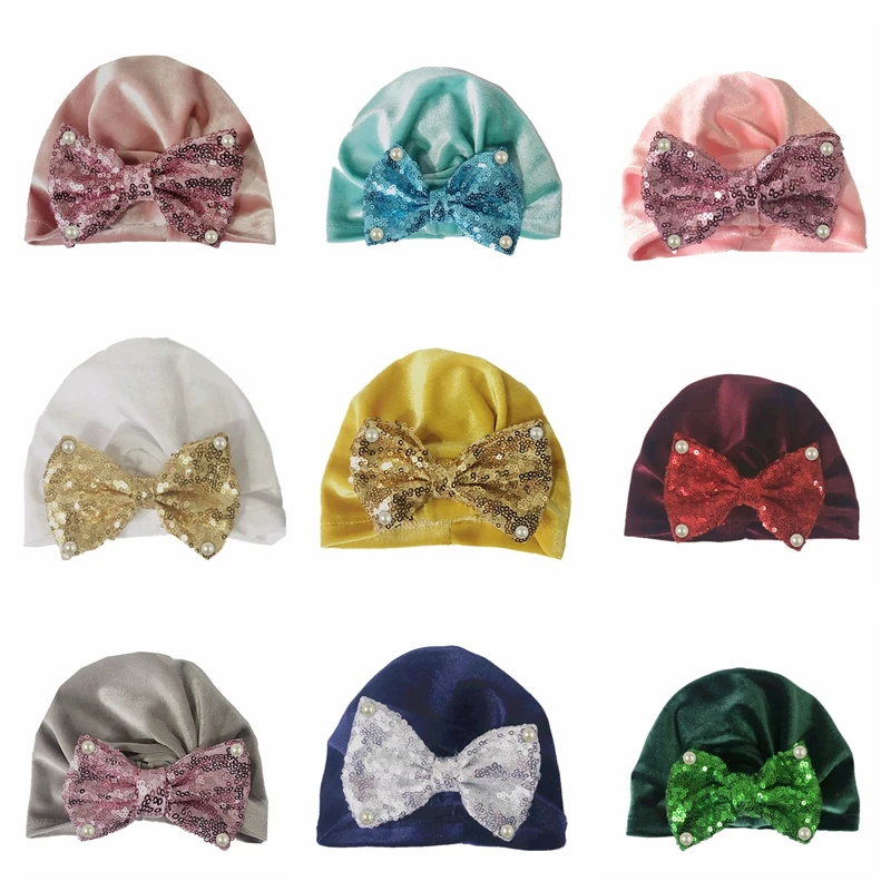 

11 Colors Shining Big Sequins Pearls Bows Hats High Quality Velvet Newborn Infant Caps Children Bowknot Headwear Birthday Gifts