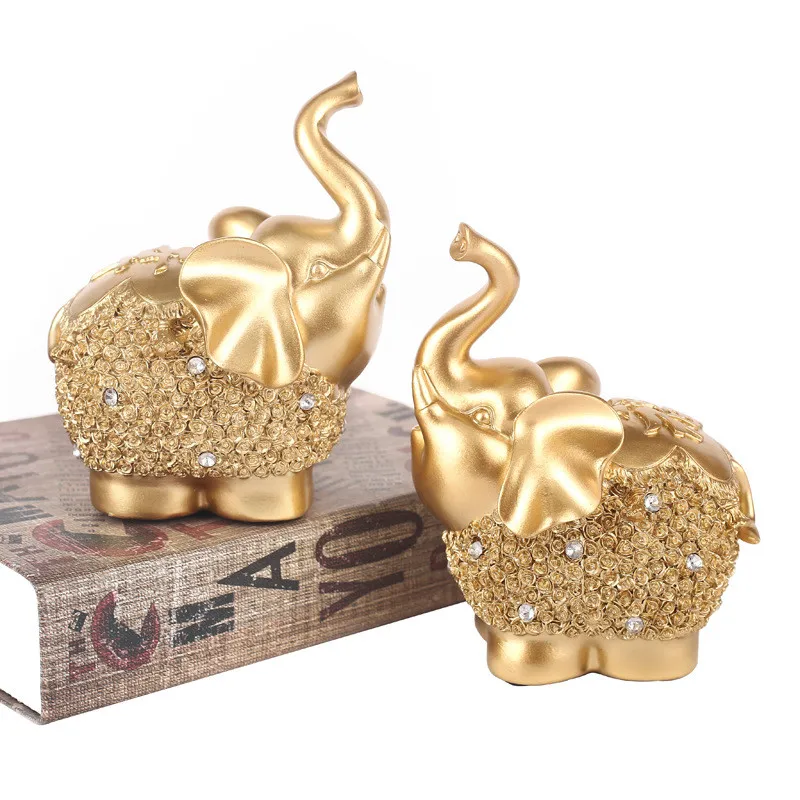 

European Style Furnishing Creative Resin Craft Royal Two Gold Elephant Model Design Living Room Home Decortaion Luxury Gift