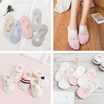 

5 Pairs/lot Cute Harajuku Animal Socks Women Summer Korean Cat Bear Rabbit Funny Low Cut Ankle Sock Happy Sox set Pure cotton