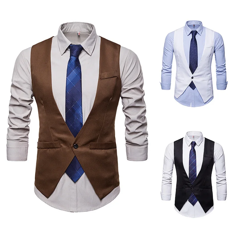 

Men Suit Vest V Neck Brown Black Single Button Slim Men Waistcoat Casual Formal Business Groomman for Male Wedding Vest