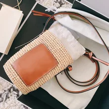 

Brands Pu Leather Splice Straw Crossbody Bags For Women Small Cylinder Straw Women Shoulder Bags Bohemia Beach Woven Women's Bag