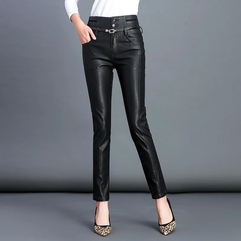 

M-5XL Women Plus Size Leather Pants 2019 New Fashion Solid Leather Pants For Women High Quality Women's Trousers
