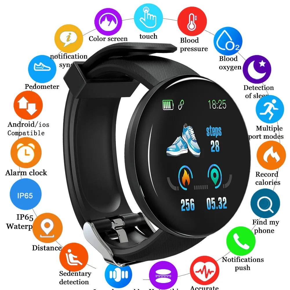 Smart Watch Men Women Blood Pressure Track Bluetooth Smartwatch Sport Smartband D18 Smart Watches For Android relogio digital afbeelding