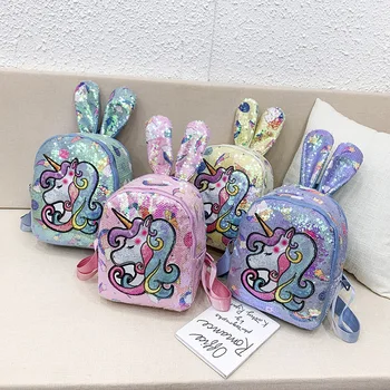 

Cute Unicorn Printed Backpack With Rabbit Ear Children Primary School Bag Backpack Kids Unicorn Sequin Double Shoulder Bag