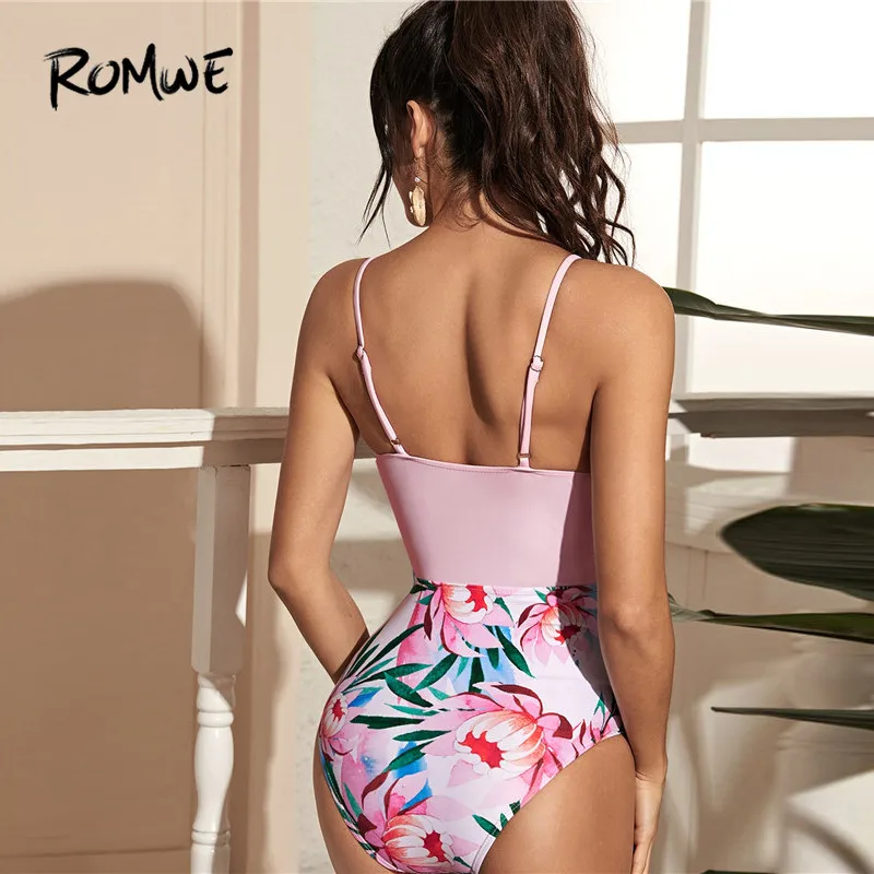 Romwe Sporty Floral Print One Piece Swimwear Women Summer Sexy Bathing Suit Spaghetti Strap High Waist Swimwear Pink Monokini