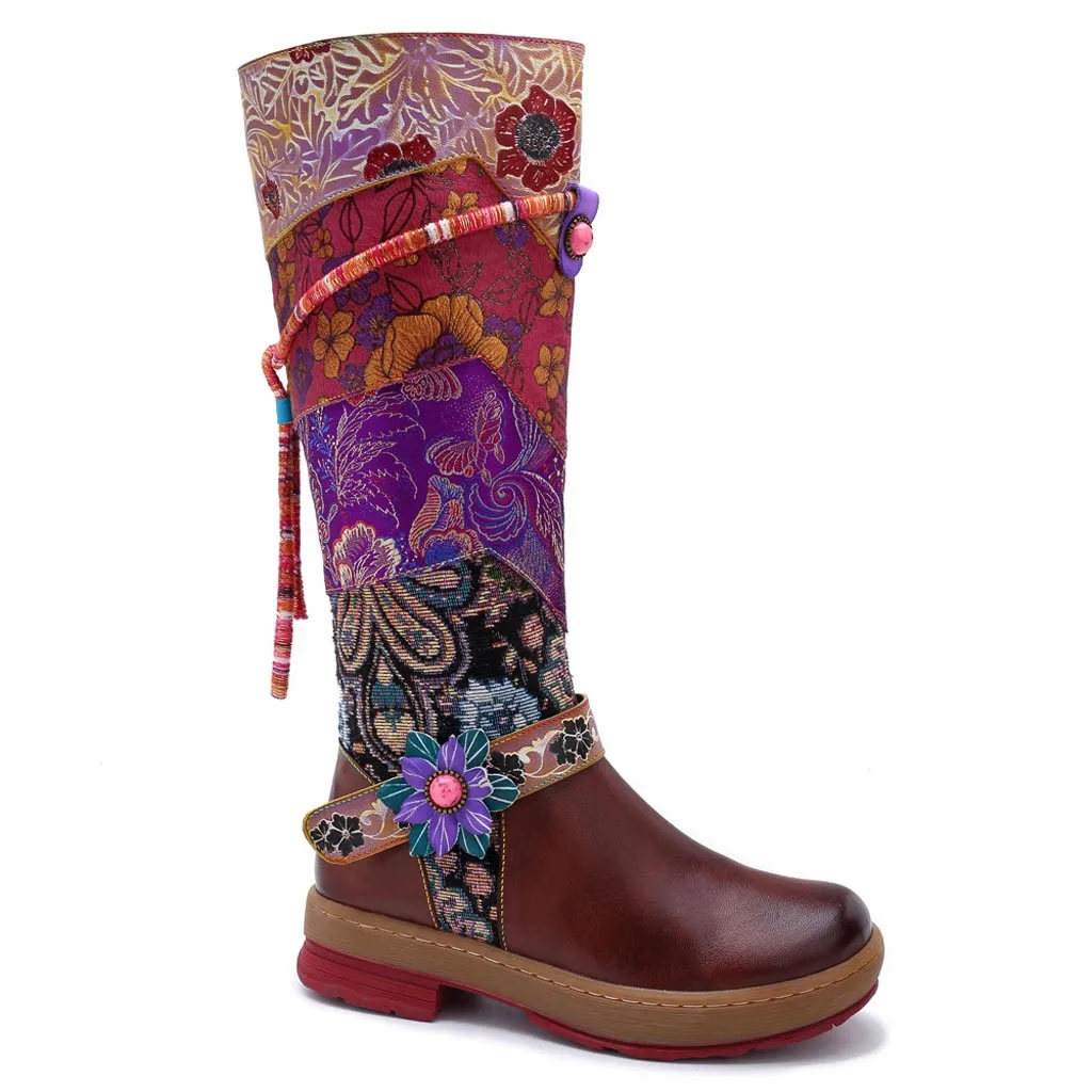 Обувь; модные женские ботинки; zapatos de mujer; женские сапоги до колена ручной работы с цветочным узором и разноцветным узором; обувь до середины икры