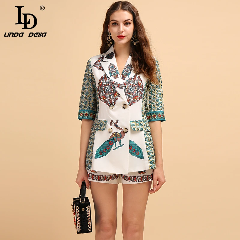 

LD LINDA DELLA Fashion Runway Summer Autumn Sets Women's Half Sleeve Animal Printed Tops + Vintage Shorts Stylish 2 Pieces Set