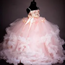 Румяные Платья с цветочным узором для девочек, кружевные пышные платья с объемной цветочной аппликацией и блестками для девочек, детское торжественное платье для дня рождения