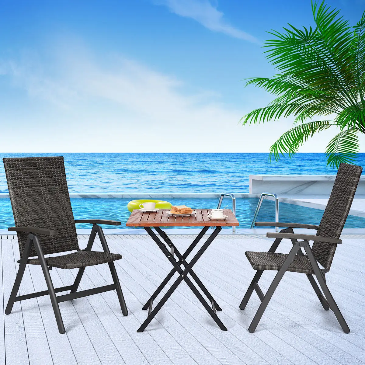 

Costway 3PCS Patio Rattan Folding Reclining Chairs Table Set Indoor Outdoor Furniture