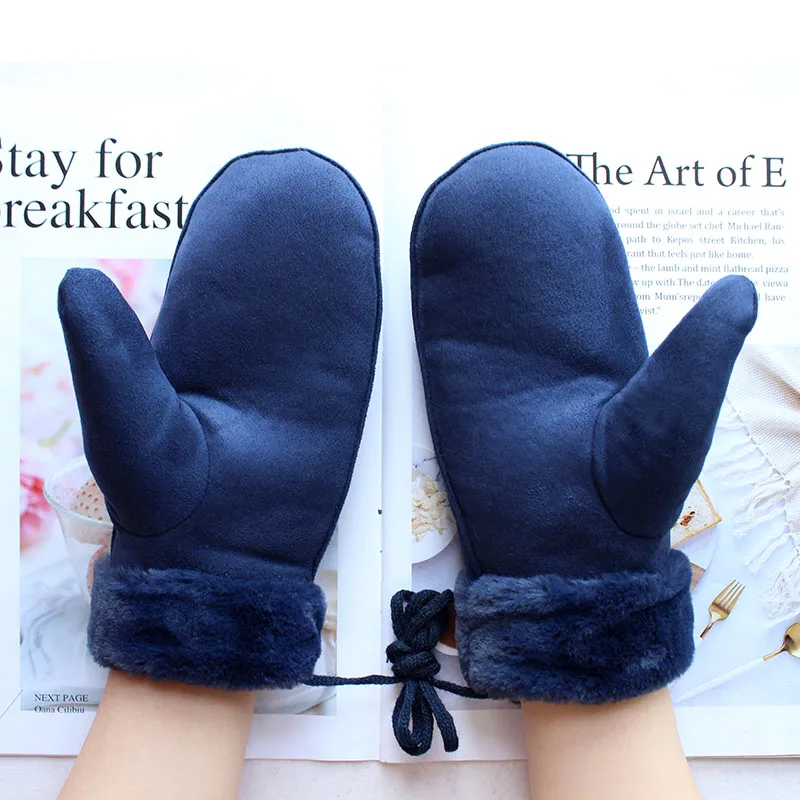 Winter Warm Suede Knitted Mittens Women's Color Plus Velvet Thickening Outdoor Windproof and Cold-Proof Girl Student Gloves
