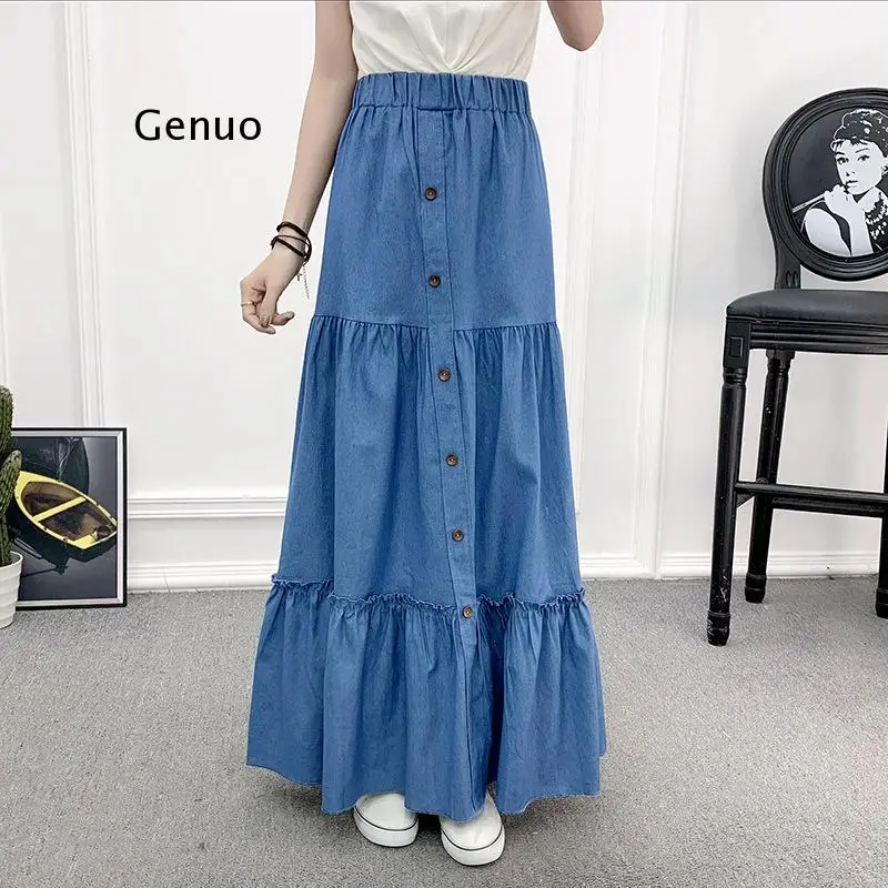 

2021 Women Solid Long Skirts Elastic Waist Pleated Maxi Skirts Beach Ruffle Vintage Summer Skirts Belt Party Bottoms