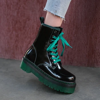 

Women Genuine Leather Ankle Boots Fashion Chunky Heels Platform Short Boots green purple Casual Shoes Woman Winter Warm Boots