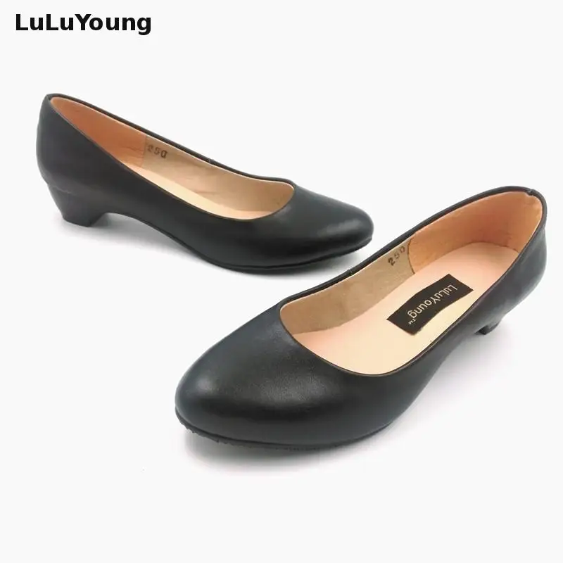 33-41 Women's Shoes Low Heels Black Genuine Leather Work Shoes Shallow Mouth Comfortable