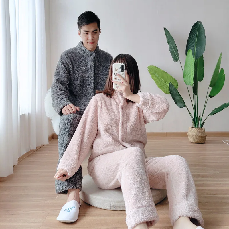 

Flannel Solid Color Pijama Loose Homewear Couplee Winter Style Plus Velvet Thick Warm Long Sleeve Trousers Pajama Set Women