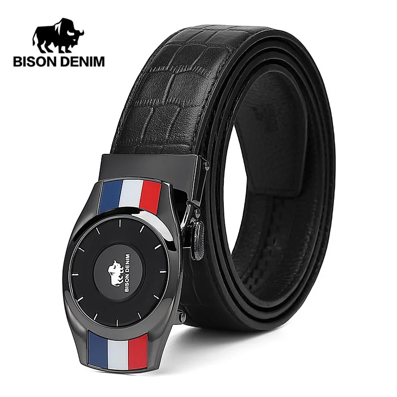 

BISON DENIM Genuine Leather Men Belt Automatic Alloy Mirror Dial Buckle Luxury Crocodile Pattern Leather Strap for Male N71502