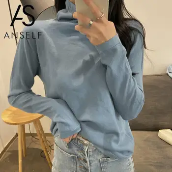 

Women Sweater Knitwear Korean Fashion Pullovers High Neck Long Sleeves Ribbed Knitted Pullover 2020 Autumn Knitted Tunics Tops