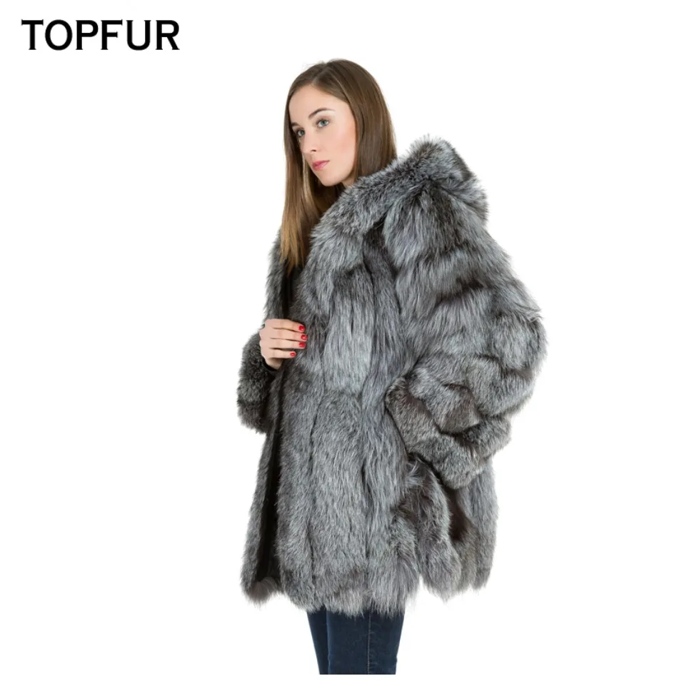 TOPFUR, модные зимние женские пальто с капюшоном, натуральный мех, пальто для женщин, натуральный мех серебристой лисы, верхняя одежда и пальто, базовые куртки