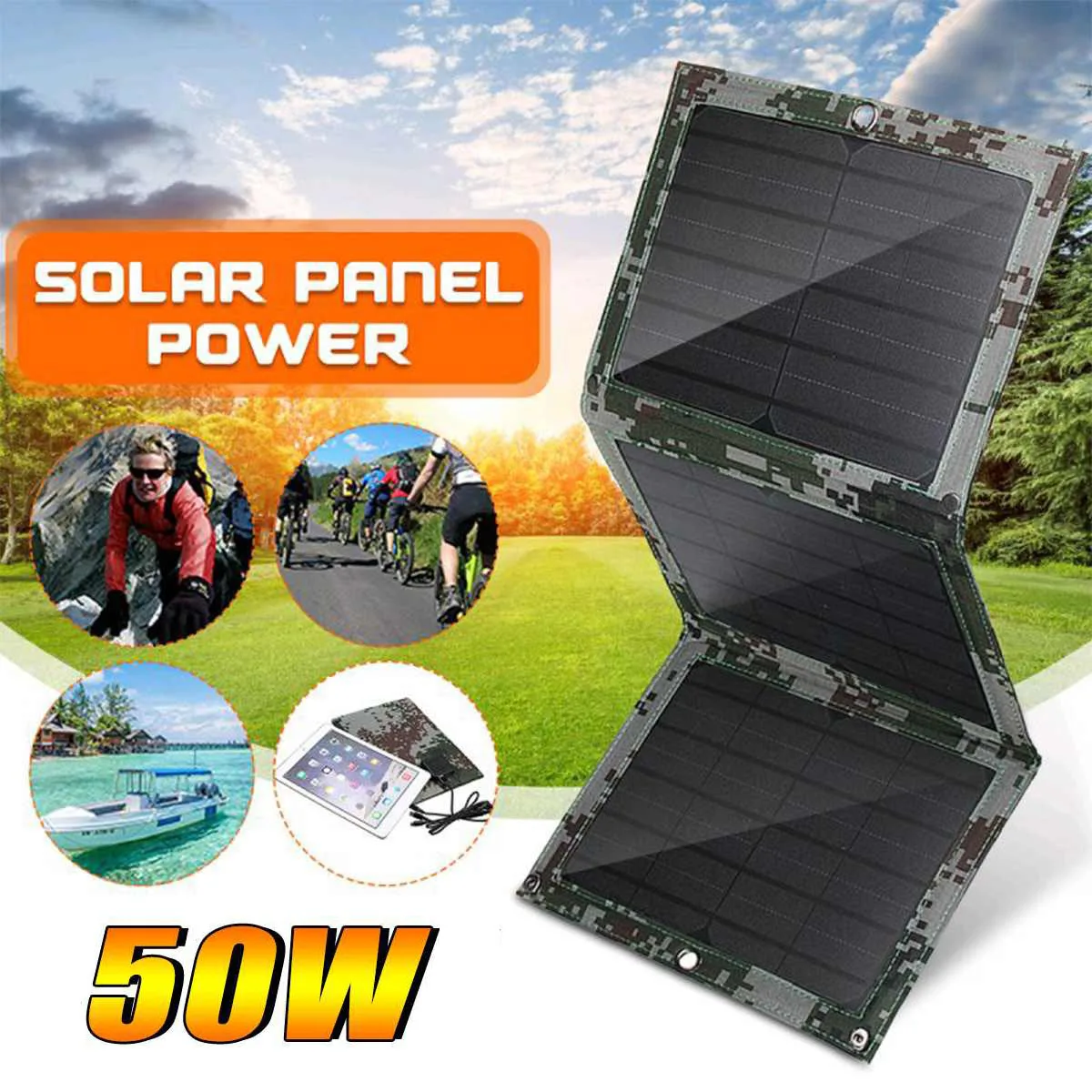 

50W Foldable Dual USB Solar Panel Outdoor Folding Waterproof Solar Panel Charger Mobile Power Battery Charger With 4 in 1 Cable