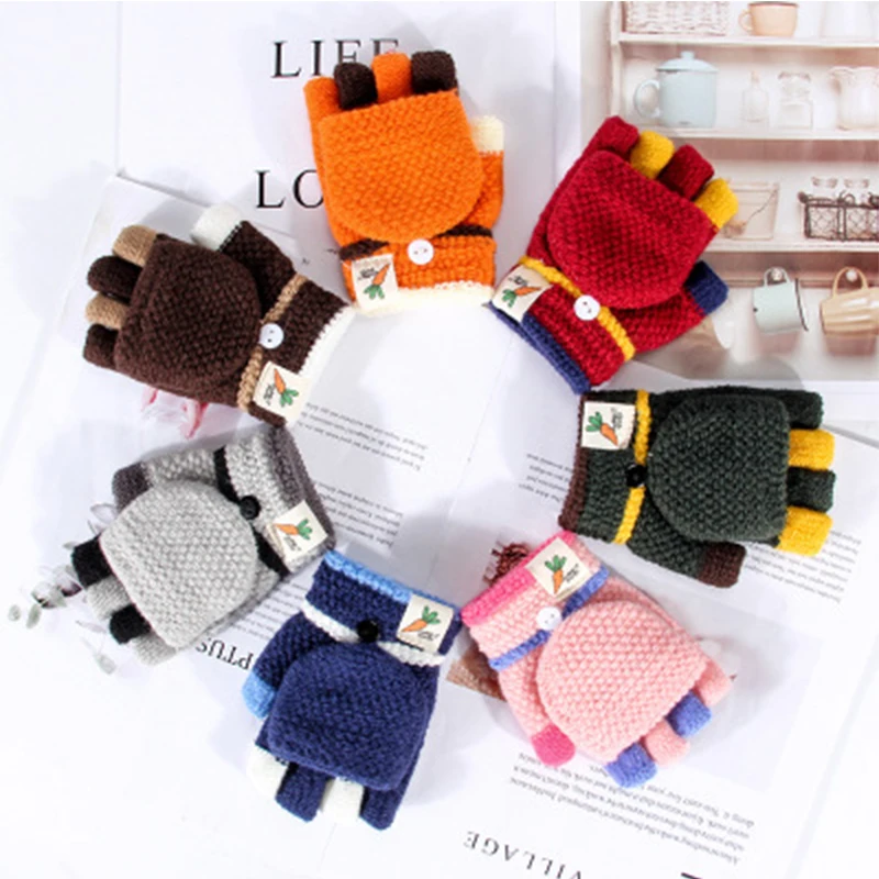 3-6 Years Baby Half Finger Flip Cover Gloves Child Winter Mittens Knitted Kid Color Matching Unisex Soft Thick Hand Glove | Детская