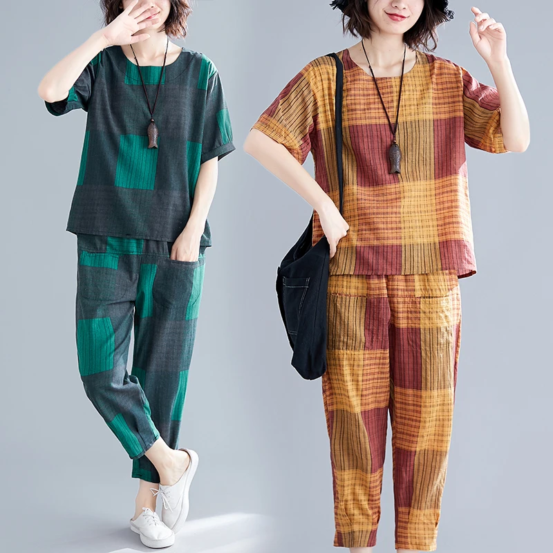 M-6xl комплект из двух предметов хлопка и льна женские клетчатые блузки брюки