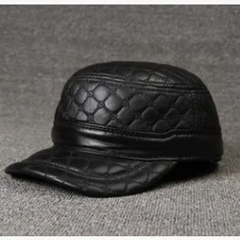 SILOQIN зимняя новая шляпа из натуральной кожи среднего возраста и старше Мужская овечья кожа военная шляпа регулируемые наушники теплая плоская шапка папа шляпа - Цвет: Black