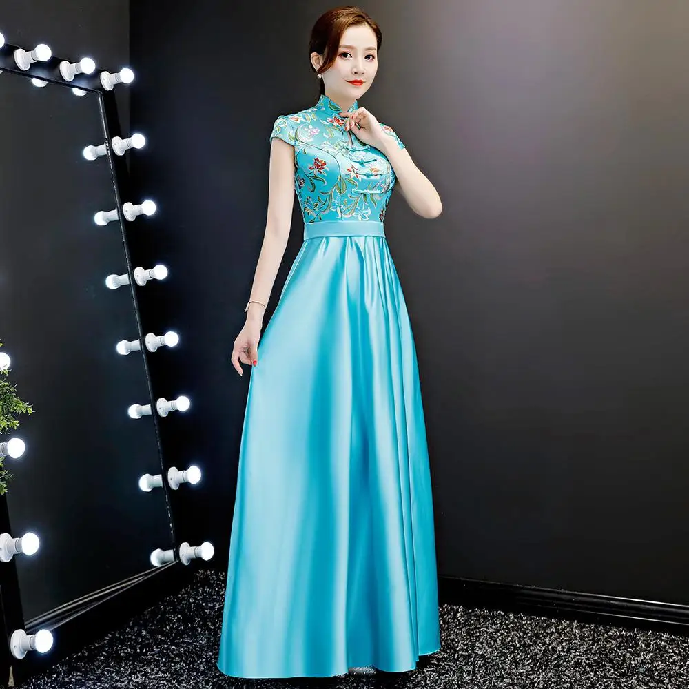 Свадебное вечернее платье Восточное женское элегантное тонкое Cheongsam модное китайское стильное свадебное длинное Qipao роскошное платье Vestido s-xxl - Цвет: Небесно-голубой