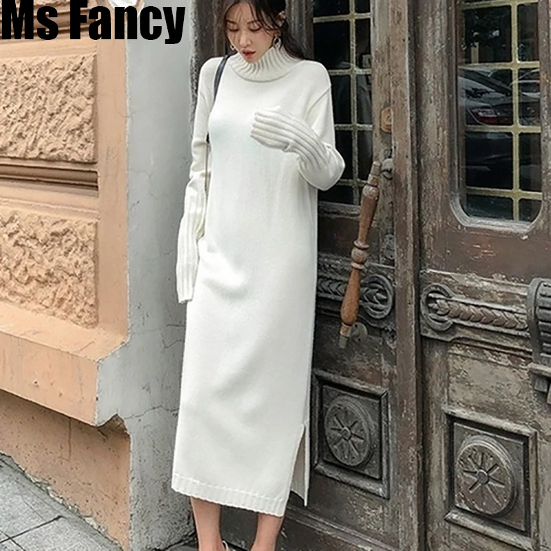 

2019 Autumn winter Woman Long Knitted Pullover Lazy Thick Sweater Dress White Black Render