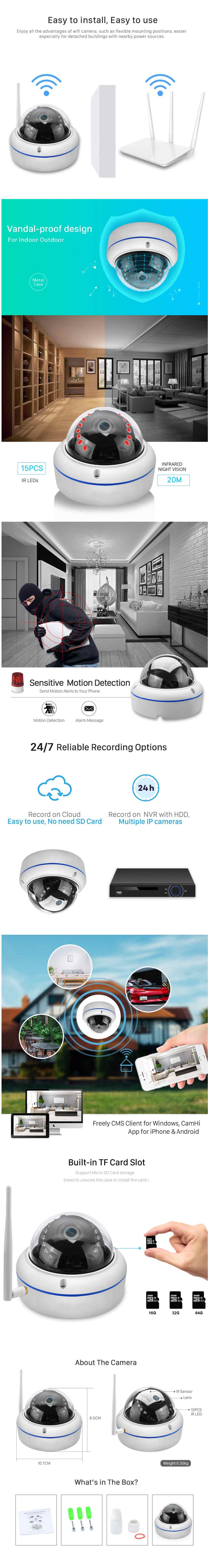 Смарт-камера антивандальная 1080P HD ip-камера WiFi Обнаружение движения оповещения купол безопасности видеоняни ночного видения