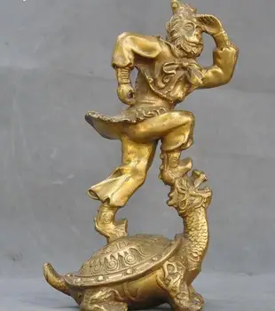 

9"Old Chinese Brass Folk Myth Monkey King Sun Wukong Stand Dragon Turtle Statue