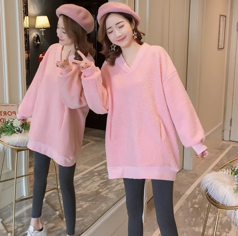 

Pregnant Women Autumn And Winter Fashion Models Lambs Wool plus Velvet Hoodie 2018 Loose And Plus-sized V-neck Double Layer Warm