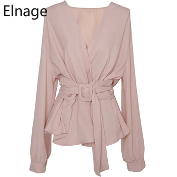 

Elnage Spring Clothes Waist Slim Solid Long Sleeve Blouse Shirts Chiffon Lace V-neck Pullover Fashion Temperament Tops 5A443
