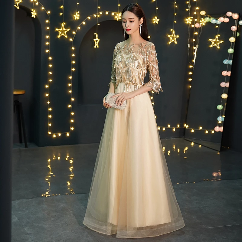 

Gold Tassel Maxi Women Chinese Dress Noble A-Line Evening Party Dress Sexy Elegant Qipao Full Length Cheongsam Robe De Soiree