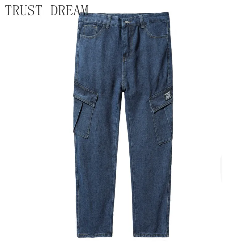 

2019 Young Man Cargo Pants Denim Black Pockets Men Slim Straight Jeans Streetwear Outside Pant Male Personal Trousers