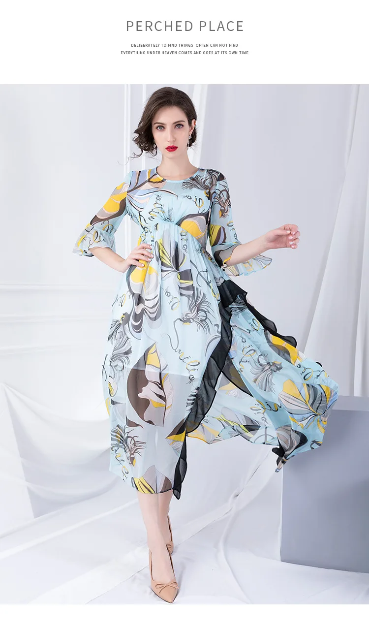 Настоящее шелковое платье с цветочным принтом миди с рюшами, Осеннее пляжное летнее богемное корейское элегантное винтажное платье из натурального шелка для женщин Vestidos