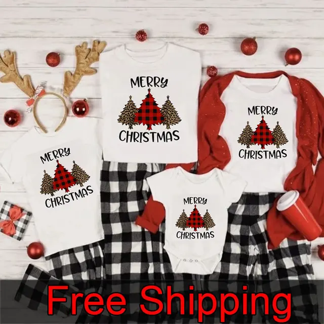 Merry Christmas Family Shirts Family Christmas T-Shirts Mommy and Me T-Shirt Family Matching Christmas printing Clothes Tree White