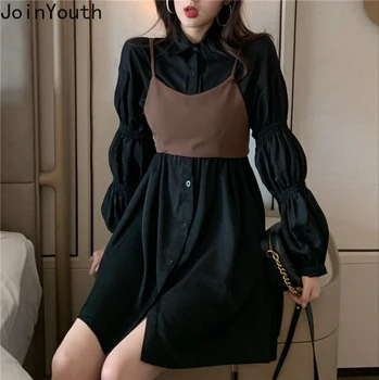

Joinyouth High Waist Puff Long Sleeve Blouse Dress Sets Single Breasted Causal A-line Dresses + Bow Tie Camis Women Suits 56795