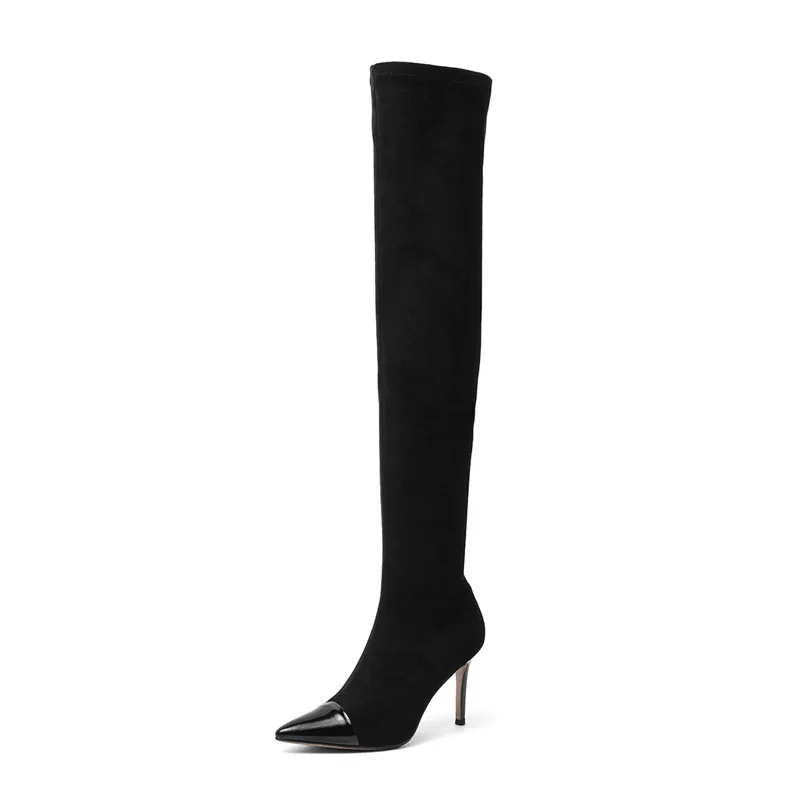 black not fur ASUMER/ новые высокие сапоги до колена женские сапоги на высоком каблуке с острым носком облегающие сапоги на молнии, флоковые тонкие обувь на высоком каблуке длинные растягивающиеся сапоги - Цвет: black not fur