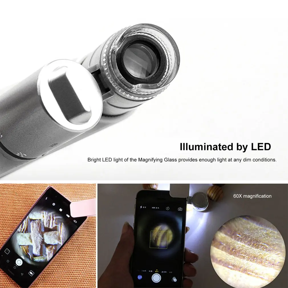 60X Clip-On Phone Microscope Magnifier Universal Clamp Microscope With LED / UV Lights Identification Of Jewelry Antiques